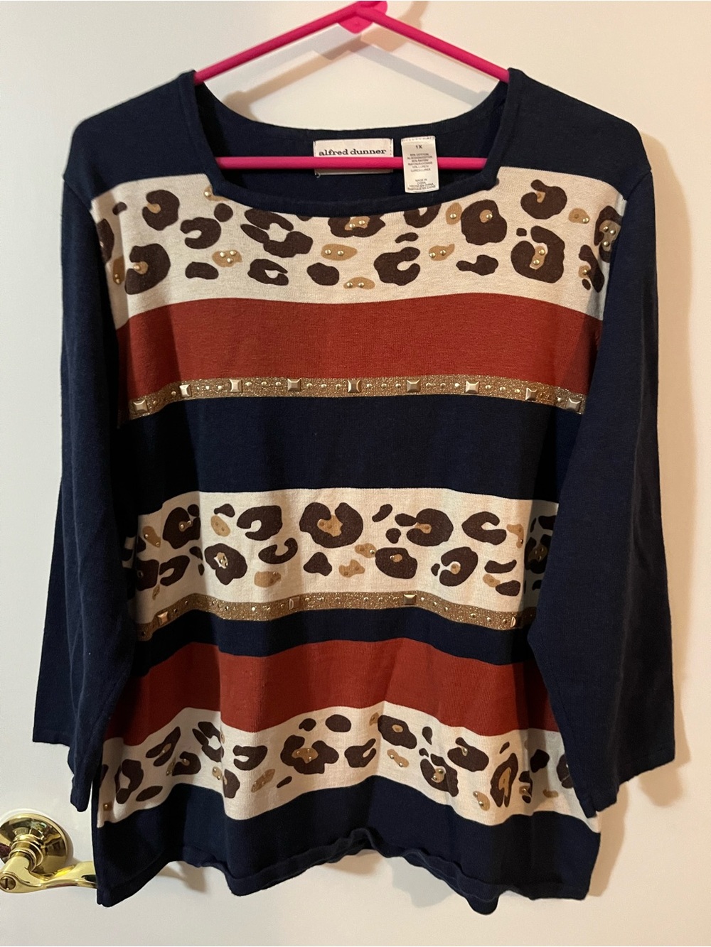 Alfred Dunner 1X Navy, Rust & Cream Leopard Stripe Knit Top